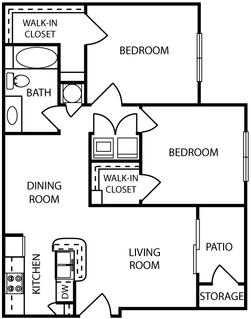 Floor plan for 2 beds, 1 bath, 980 sqft